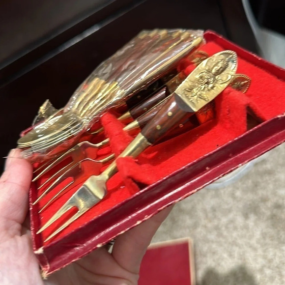 Vintage Mid-Century Thailand Bronze and Rosewood Dessert Set - Picture 2 of 4